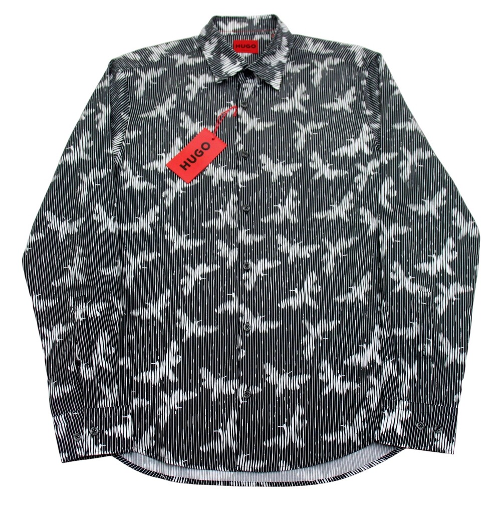 HUGO Boss Shirt Mens 2XL Black White Ermo Casual Slim Fit Cotton Butterfly Print